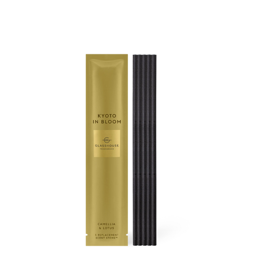 Glasshouse Kyoto in Bloom Scent Stems, chartreuse box with gold label and black ribbed stems