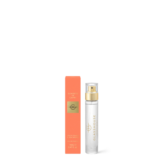 Glasshouse Sunset in Capri 0.47oz perfume with coral-orange box and white spray bottle
