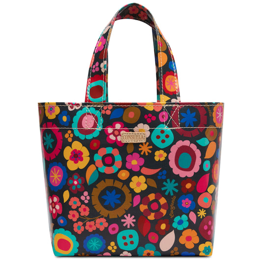 Consuela Grab 'n' Go Mini tote with dark burgundy background and colorful circular floral motif pattern
