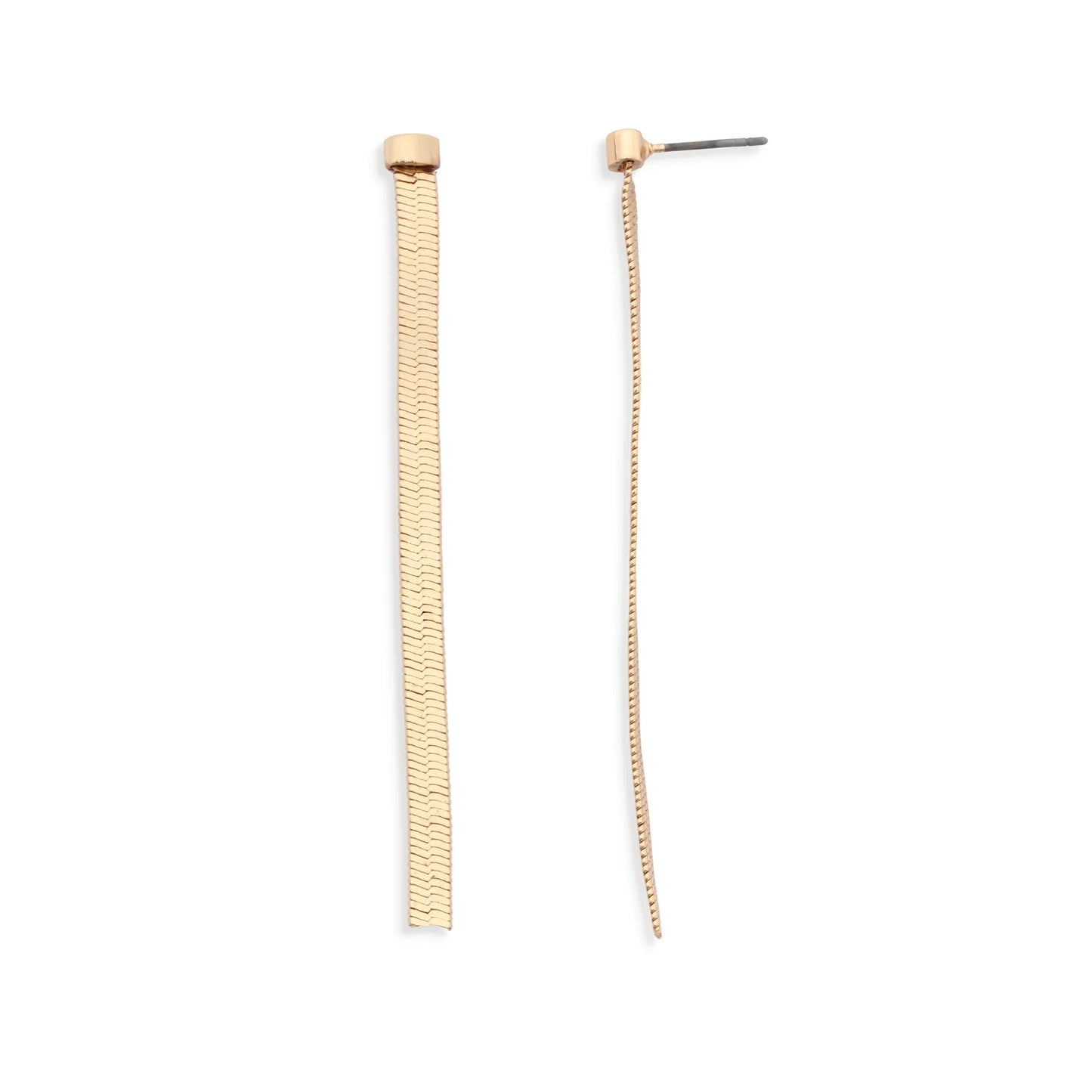 The Leslie Curtis Izzy Earrings by Leslie Curtis are displayed on a white background, with one earring shown from the front and the other from the side to showcase their thin, sleek, linear design reminiscent of a herringbone gold chain. These elegant, gold-toned drop earrings feature stylish stud post fastenings for secure wear.