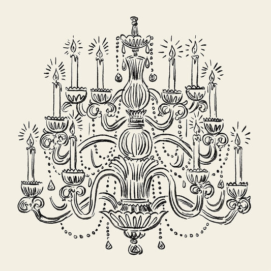 Hester & Cook Chandelier Cocktail Napkins with black line-drawn chandelier and candles on cream background