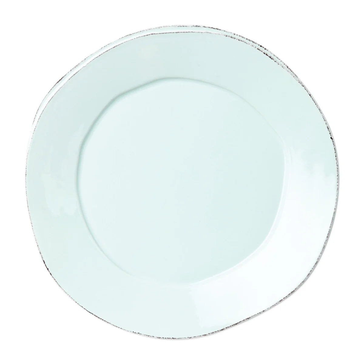 Introducing the Vietri Costa Nova “Lastra - Aqua” Dinner Plate—a round, light blue ceramic plate featuring a slightly uneven, organic silhouette and a thin, distressed darker rim, beautifully displayed against a white background.
