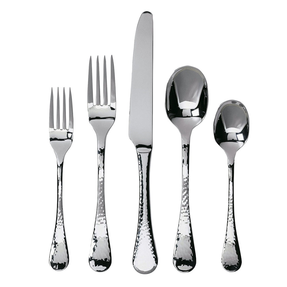 A set of five Ginkgo "Lafayette" Stainless Flatware utensils by Gingko—two forks, a knife, and two spoons with hammered handles—arranged side by side on a white background.