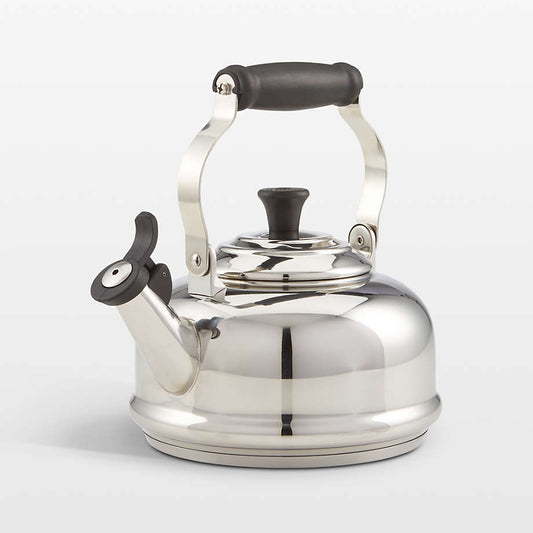 Le Creuset Classic Whistling Kettle in white stainless steel with black handle, front view