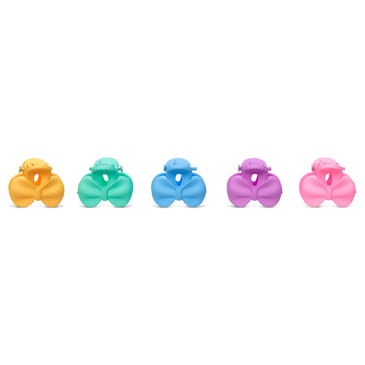 Five Iscream mini bow hair clips in yellow, turquoise, blue, purple, and pink arranged in a row