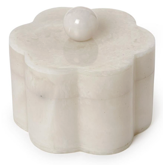 The Two's Company Marbleized Resin Covered Box by Two's Company features a white, flower-shaped design with a smooth, glossy finish and a round knob on the lid. Expertly crafted from marbleized resin, this decorative storage piece is inspired by classic scalloped hex boxes, combining elegance and functionality for any space.