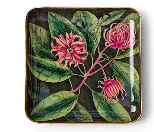 Two's Company metal tray featuring vintage botanical print of pink peonies and green foliage on dark background