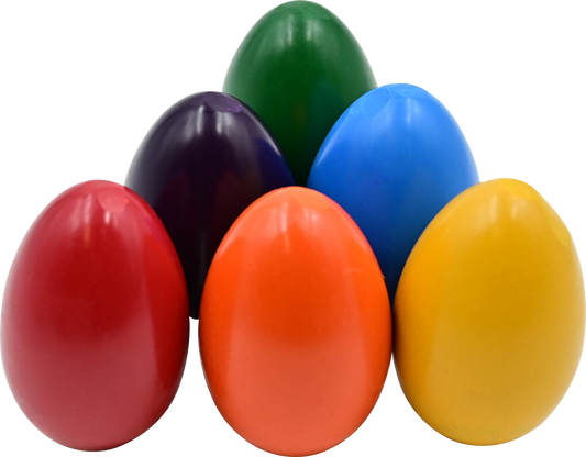 Six beeswax egg-shaped crayons arranged in red, purple, green, orange, blue, and yellow
