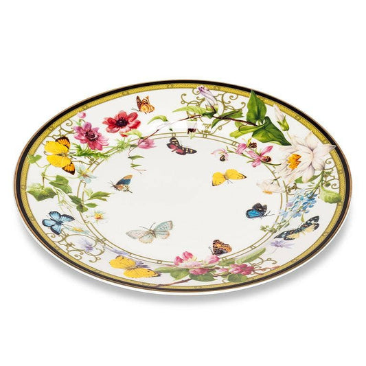 Abbott Butterfly Garden cake plate angled view showing butterfly and floral border design on white