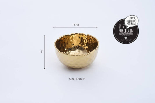 Gold hammered Pampa Bay snack bowl with dimensions and product tag displayed