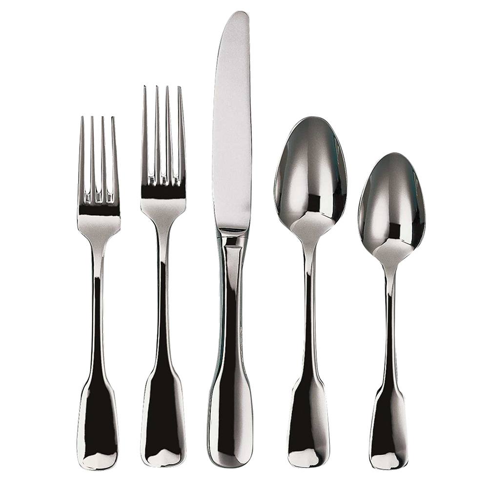 Five pieces of Ginkgo "Alsace" Stainless Flatware by Gingko—two forks, one knife, and two spoons—are arranged side by side on a white background.