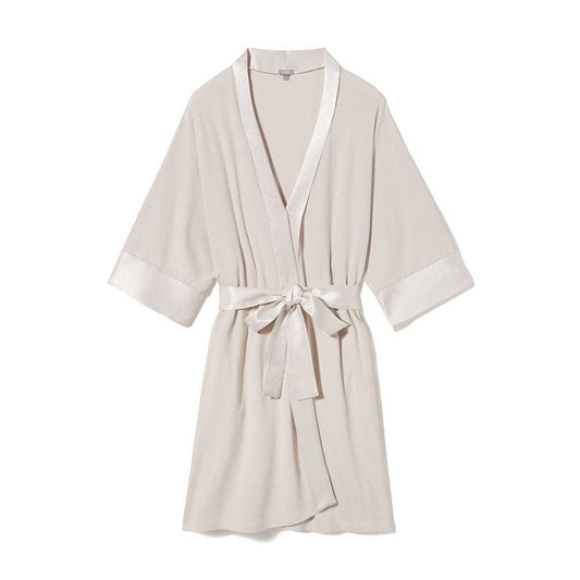PJ Harlow Shala robe in beige with wrap front, three-quarter sleeves, and tie waist