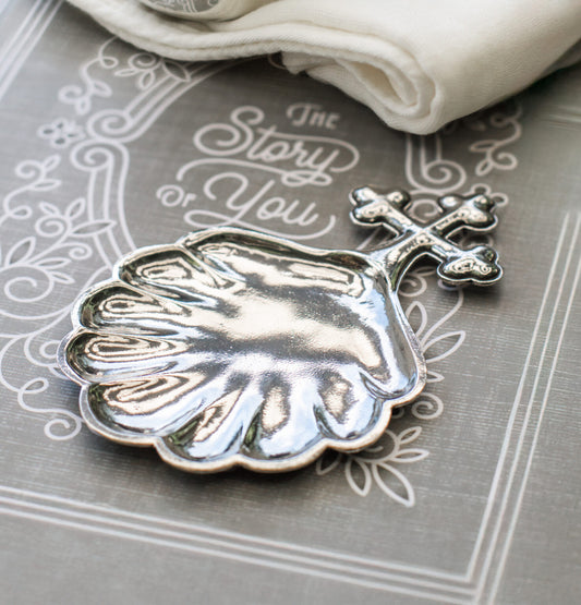 Salisbury silver baptism shell with cross charm on grey baptism card with cream ribbon