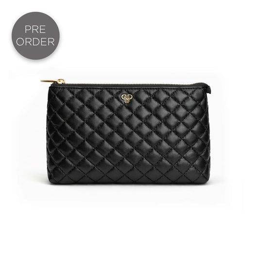 PurseN Everyday Sleek quilted cosmetic pouch in black with gold zip closure