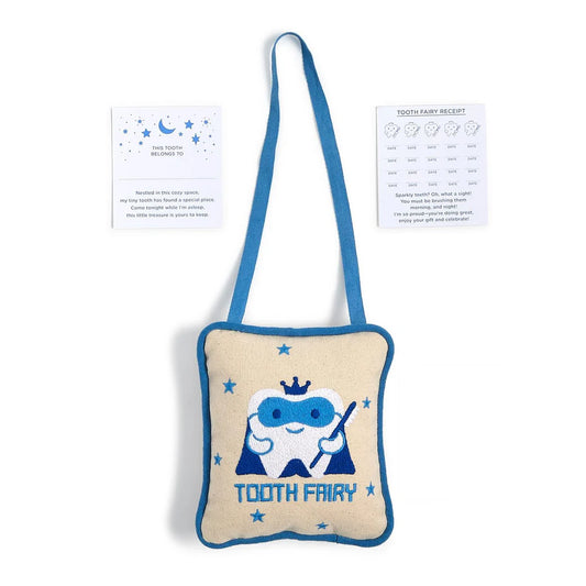Cupcakes & Cartwheels Tooth Fairy Pillow in cream with blue trim, featuring a masked tooth fairy and stars, with blue shoulder straps
