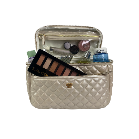 PurseN Classic Train Case pearl quilted, open showing interior compartments filled with cosmetics