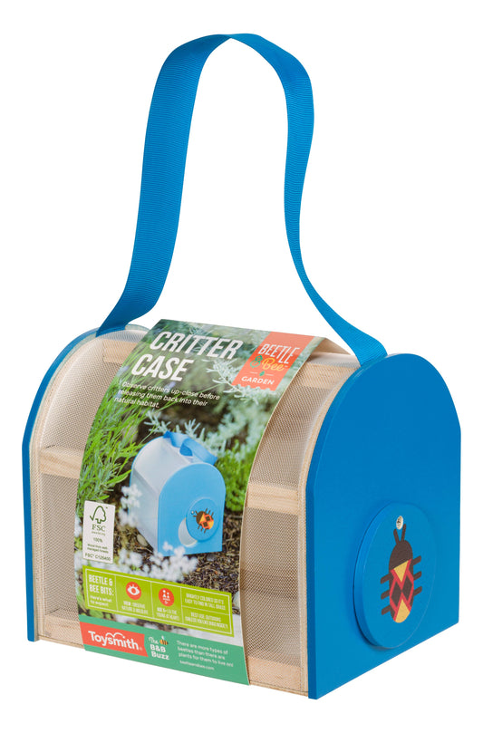 Toysmith Beetle & Bee Critter Case blue wood design with carrying handle, product label visible