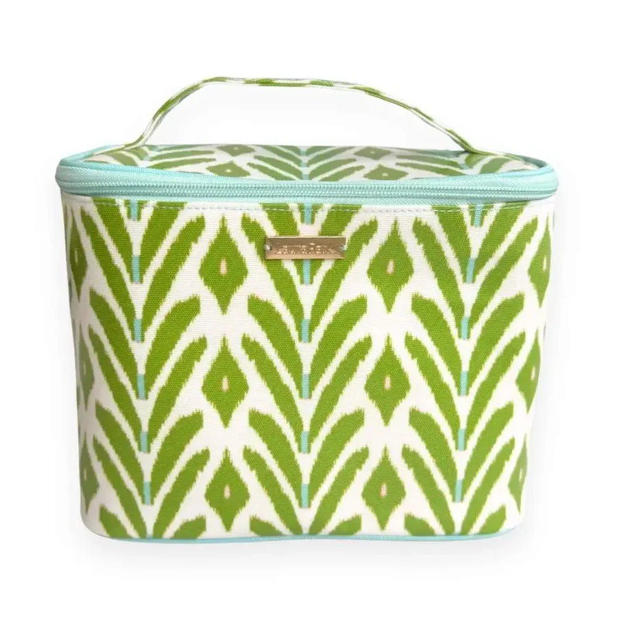 The Laura Park Train Case by Laura Park Designs is a rectangular polyester canvas bag featuring a green and white geometric leaf pattern, a zippered closure, a small top handle, and a gold front label. Its vinyl coating makes it easy to wipe clean for lasting style and convenience.