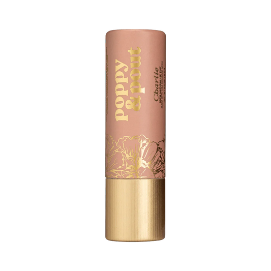 Poppy & Pout natural lip tint in mauve cardboard tube with gold lettering and gold metal base, side view