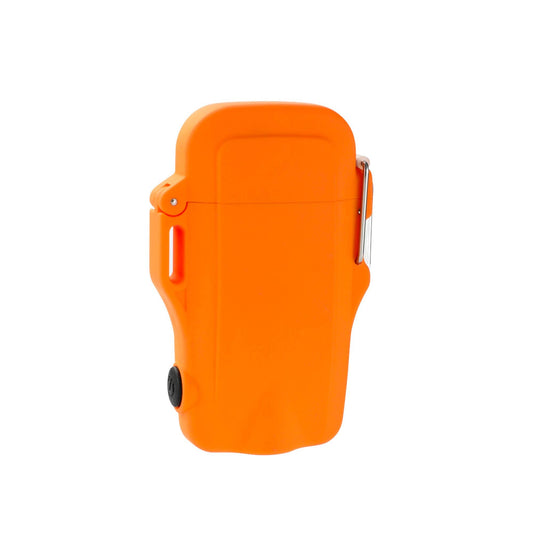 Mad Man Quad-Core Arc Spark Lighter in bright orange with side view showing ignition button
