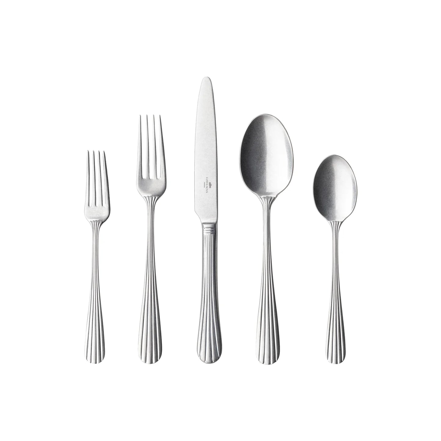 Five pieces of Costa Nova “Douro” stainless flatware—a salad fork, dinner fork, knife, tablespoon, and teaspoon with matching handles—are arranged side by side on a white background.