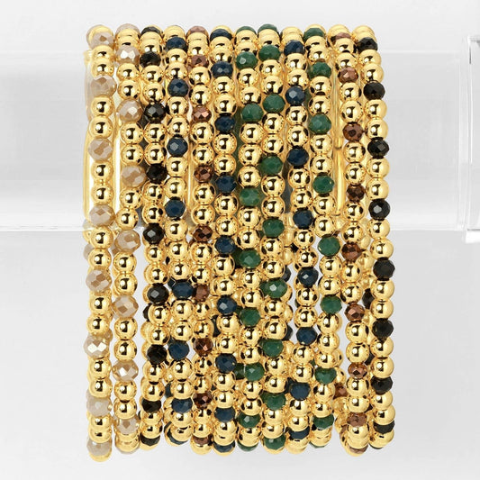 Splendid Iris 4mm bead stretch bracelets in assorted colors arranged in rows, overhead view