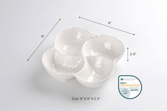 White Pampa Bay 4-section melamine bowl with measurements and quality badge displayed