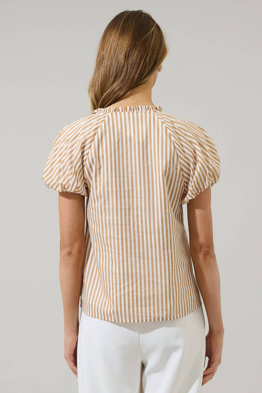 Sugarlips Dream State Avy button-down top back view, tan and white vertical stripes with puffed short sleeves