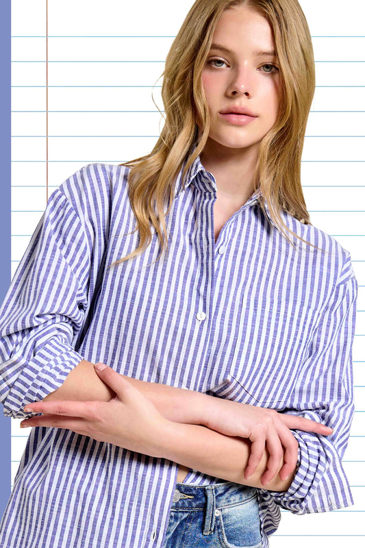 La Miel SRT7903 striped button down shirt detail showing collar and chest fit