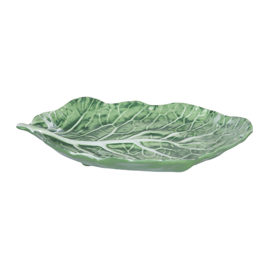 C&F Home Cabbage Leaf Green Serving Platter shown at angle highlighting curved leaf form and veining