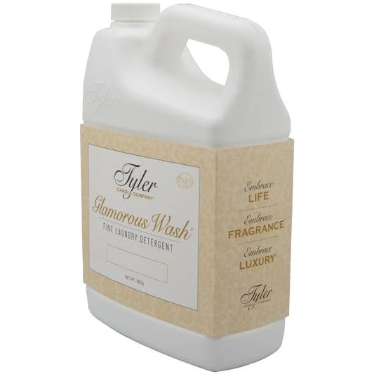 Tyler Glamorous Wash 64 oz fine laundry detergent in white plastic jug with kraft paper label