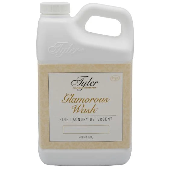 Tyler Glamorous Wash 32 oz fine laundry detergent, white jug with kraft label, alternate angle