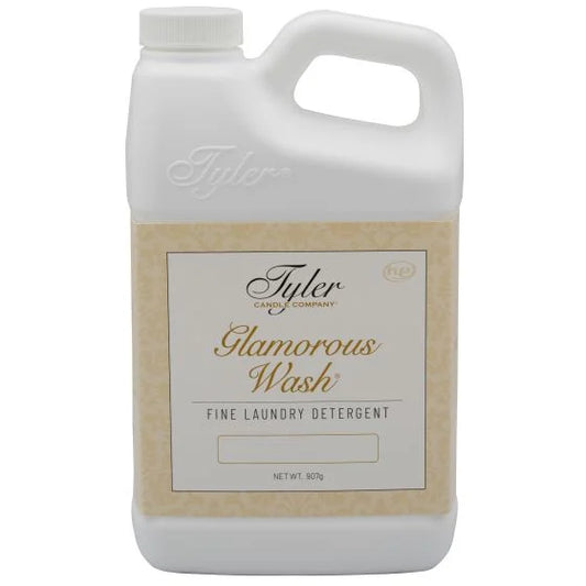 Tyler Glamorous Wash 32 oz fine laundry detergent, white jug with kraft label, alternate angle