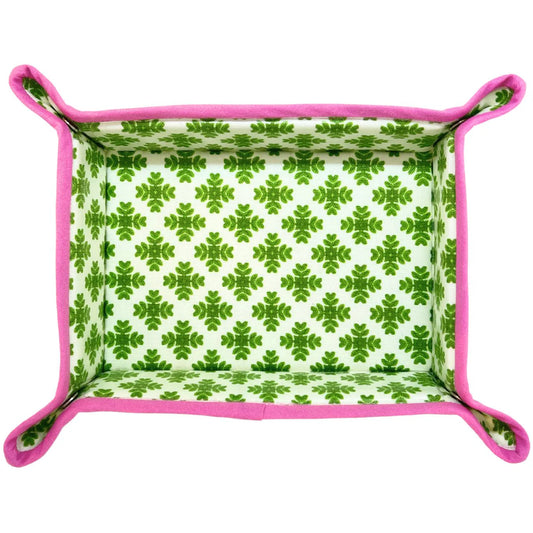 Laura Park Snap Tray with bright pink sides and green geometric damask pattern, top-down view