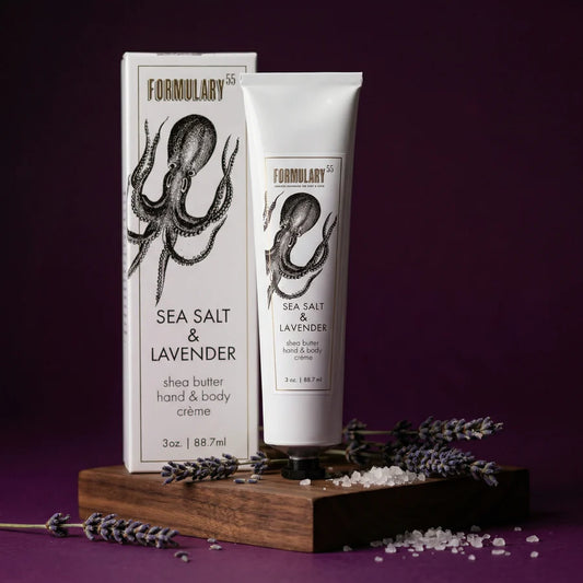 Formulary 55 Sea Salt & Lavender Shea Butter Hand & Body Cream 3oz with box, displayed with lavender sprigs and sea salt