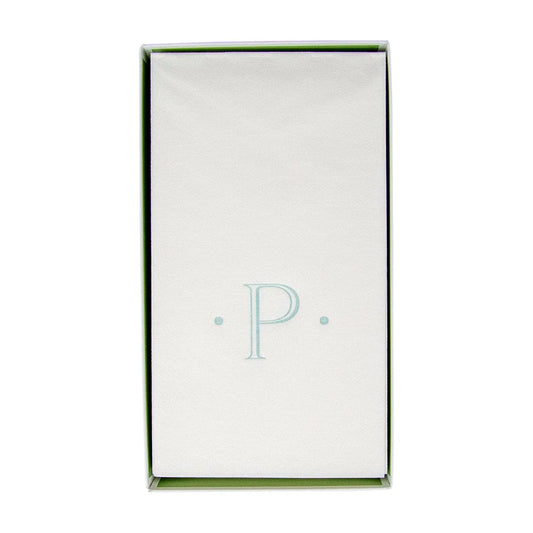 Caspari Antique Initial Guest Towel with light blue letter P and decorative dots on cream, boxed