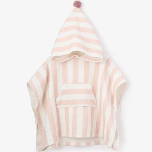Elegant Baby beach poncho coverup in pink and white stripes with pom-pom hood trim, back view