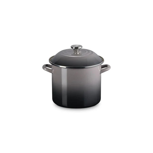 Le Creuset black enameled cast iron 10qt stockpot with black lid and handles