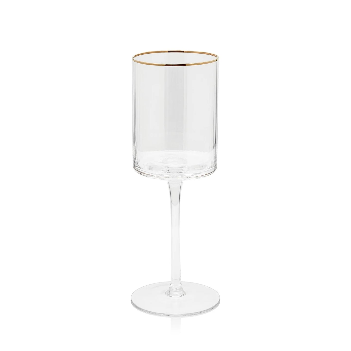 The Zodax "Ottica" wine or water glass by Zodax features a clear cylindrical bowl, a slender stem, and a gold rim at the top, set against a plain white background.