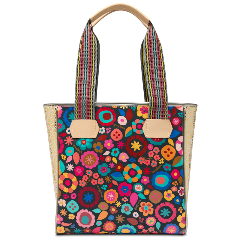 Consuela Classic Tote Amelie front view with colorful floral print on dark background and tan canvas sides