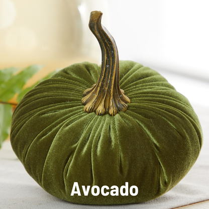 A large, handcrafted velvet pumpkin from Your Heart’s Content rests on a table, making it an ideal fall mantel or Halloween table decor piece. The product name “Your Heart’s Content - Pumpkin Large Velvet” is shown at the bottom of the image.