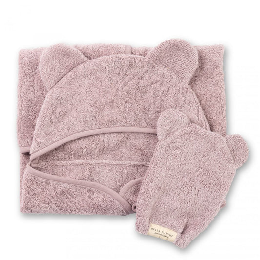 Bella Tunno hooded towel and wash mitt in soft pink with bear ears, flat lay showing both pieces