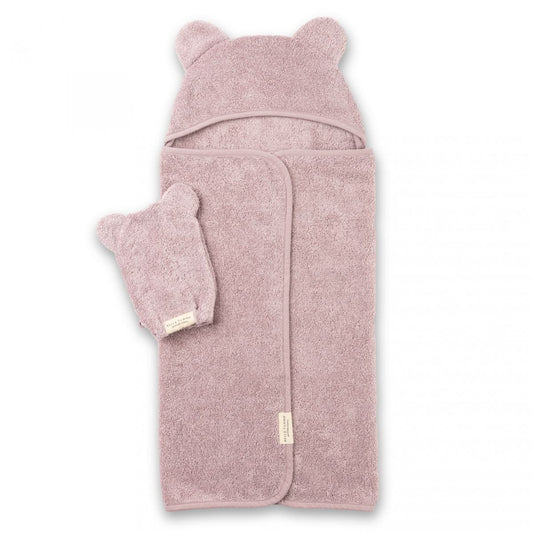 Bella Tunno pink bear hooded towel wrapped with matching wash mitt, front view
