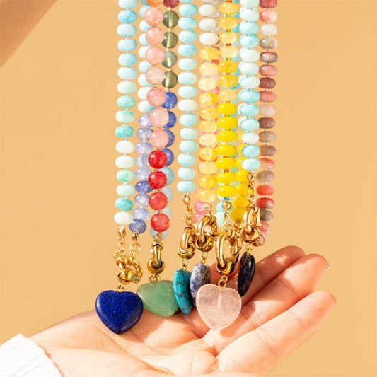 JOSSLYN natural stone semi-precious glass mixed necklaces with colorful beads and heart charms in hand