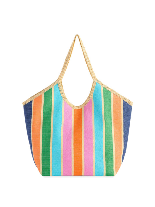 Shiraleah Capri tote in multicolor rainbow vertical stripes with natural jute handles, front view