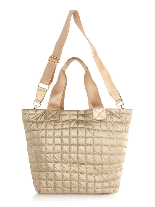 Shiraleah Logan Travel Tote in cream quilted nylon with dual tan straps, front view