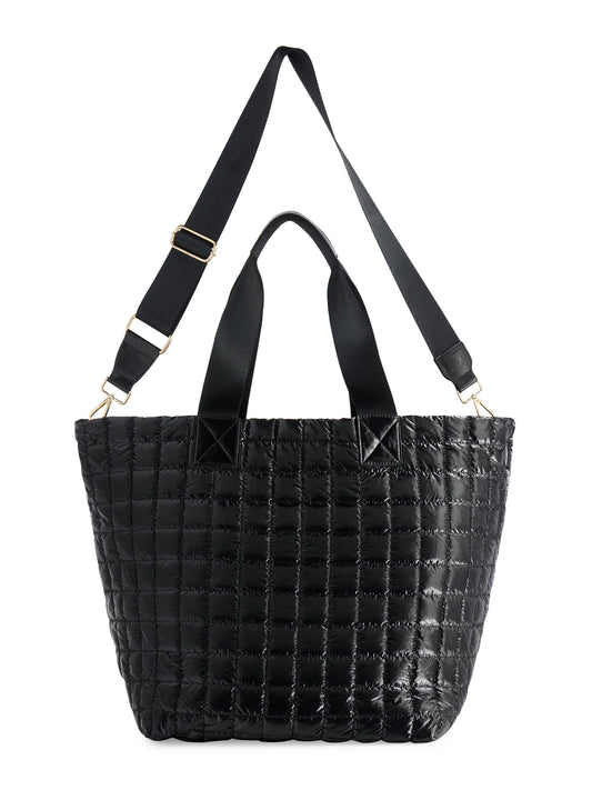 Shiraleah Logan Travel Tote in black quilted nylon with black webbed straps, front view