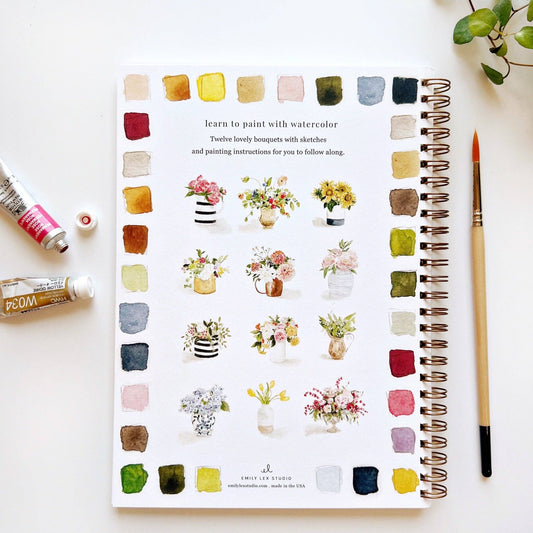 emily lex studio Bouquets watercolor workbook interior page showing twelve floral painting examples with instructional text