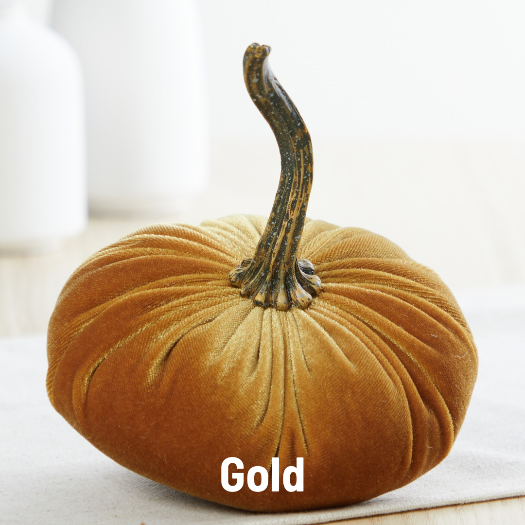A small velvet pumpkin from Your Heart’s Content sits on a light surface, its plush gold fabric and long, curved stem making it an ideal centerpiece for Thanksgiving or autumn tables. The word “Gold” appears at the bottom of the image in white text.