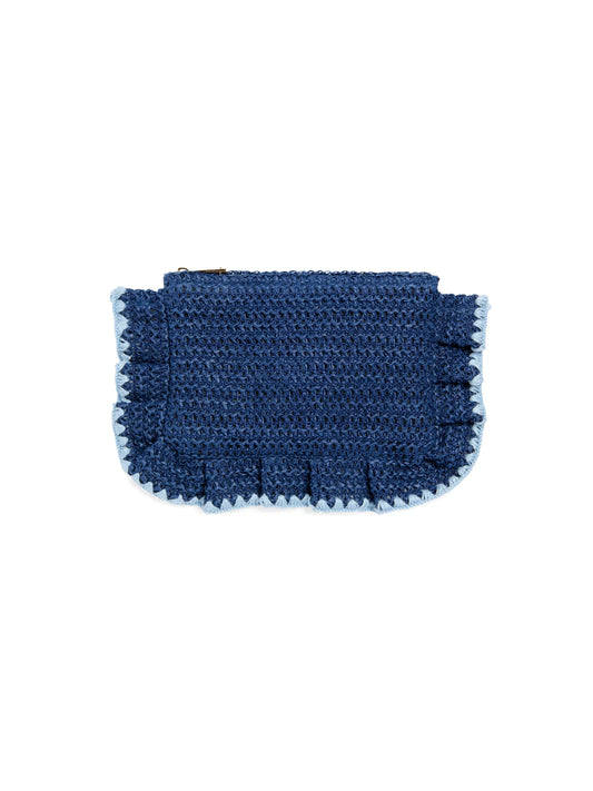 Shiraleah Arabella Zip Pouch in navy textured fabric with light blue fringe trim